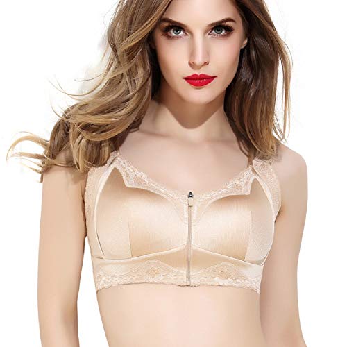 Boutique Ultra Thin No Steel Ring Plus Size Sports Underwear Ladies Gathered Front Zipper Full Cup Bra (36C/D 38A/B, Beige)