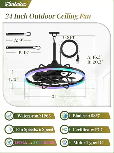 Image of Fanbulous Outdoor RGB Ceiling Fans with Light, 24 inch Waterproof Gazebo Fan | IP65, Weatherproof, Plug in, Remote&APP Control, 3CCT Dimmable,2H Timer, Caged, with Hanging Hook for Patio, Porch, Pergola