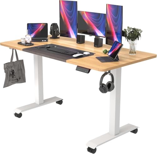Monomi Electric Standing Desk, 55 Height Adjustable Ergonomic Home Office Sit Stand Up Desk with Wheels, 3 Memory Preset Computer Table, Natural