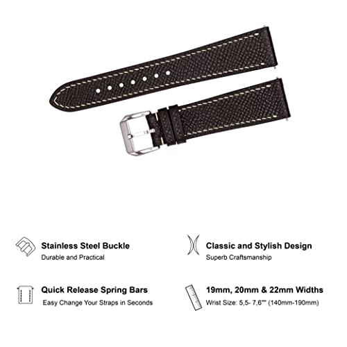 Frachehandcraft Espom Top Grain Leather Quick Release Watch Band - Handmade Premium Leather Watch Strap - Italian Genuine Leather Replacement Band 19Mm 20Mm 22Mm (20Mm, Black) #TOP5