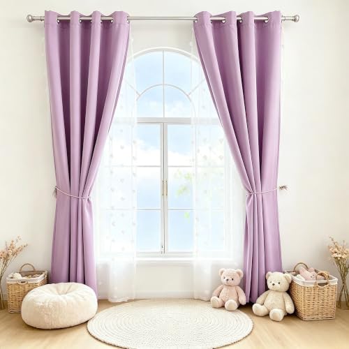 Image of Purple Room Darkening Curtains for Girls Nursery Bedroom 52x63 in | 80% Blackout Double Layer Curtains with Pom Pom Sheer Overlay, Grommet Privacy Drapes for Toddler Bedroom Decor, 2 Panels