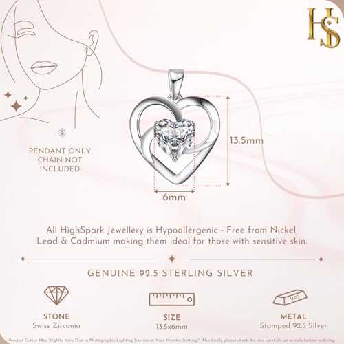 Image of HighSpark 925 Silver Solitaire Heart Pendant | 92.5 Sterling Silver & Diamond-Like Brilliance Sparkling Zirconia | Lovely Gift