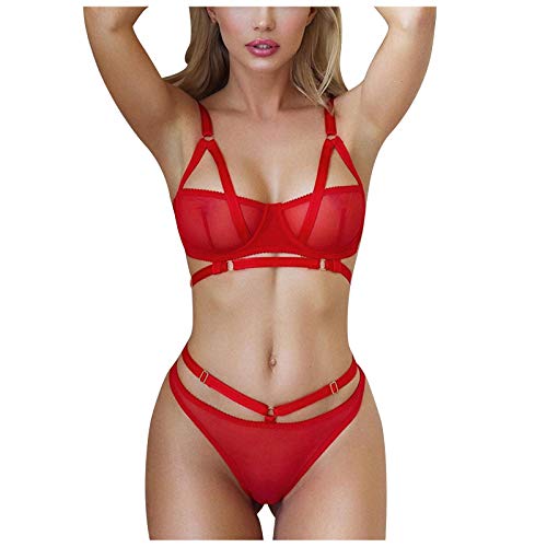 Women's 2 Piece Strappy Lingerie Sexy Sheer Mesh Underwire Bra and Panty Set Erotic Babydoll Bodysuit Red
