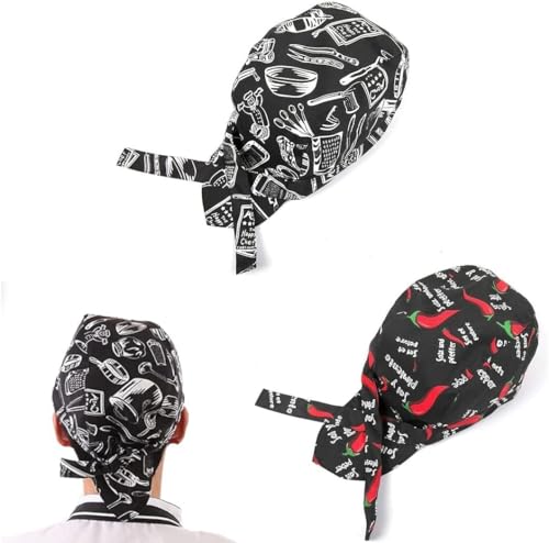 YSTrillion Gorros de Chef,2 PCS Gorro de Cocinero Estilo Pirata,Unisex Kitchen Catering Chef Tie Back Chefs Gorro Cap Headwrap Bandana Hat for Restaurant,Coffee Shop
