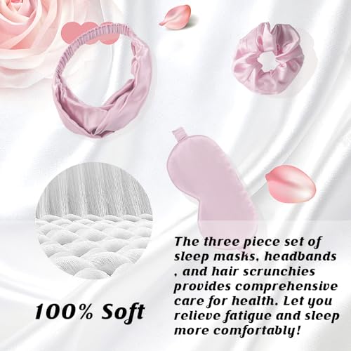 Silk Sleep Mask Silk Hairband Silk Hair Scrunchies Sleep Mask Set Elastic Strap Silk Headbands Hair Ties Bands for Women and Girls(Rose Gold) - Thumbnail 4