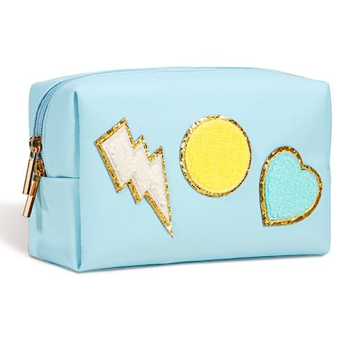 Yowivon Cute Makeup Bag Small Blue Makeup Pouch Zipper Cosmetic Bag Travel Toiletry Bag for Women Teen Gifts Preppy Stuff PU Leather Waterproof Bag