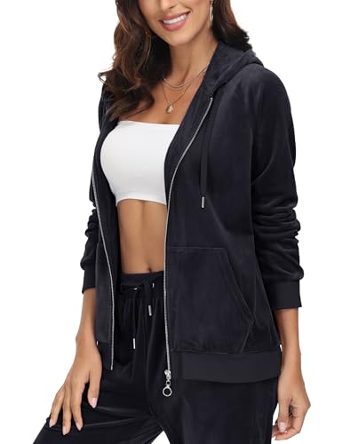 MAGCOMSEN Women's Velour Hooded Jacket Long Sleeve Full Zip Outerwear Soft Warm Velvet Jacket with Side Pockets3