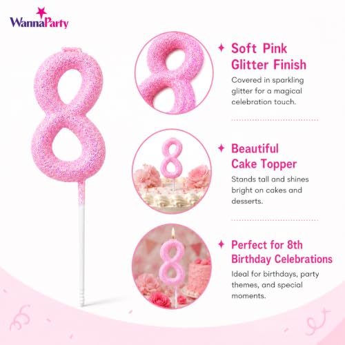 Image of Wanna Party Glitter Designer Pink Number 8 Birthday Candle, Numerical Cake Candle for 8th Birthday, Cake Cutting, Party Decoration & Celebration Supplies - 1PC