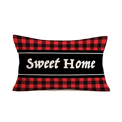 Tlovudori Rustic Sweet Home Quotes Farmhouse Pillow Covers Red With Black Buffalo Plaid Checked Home Decorative Cotton Linen Throw Pillow Case Cushion Cover For Sofa Bed Chair 12X20Inch (Rs-Home) #TOP25