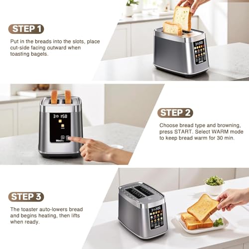 Mecity Motorized Toaster 2 Slice with Touch Screen, Stainless Steel Smart Toaster, 8 Bread Types, 5 Shade Levels, 1200W High Power, Keep Warm Mode, Reheat Defrost Functions, 120V by Mecity - Used condition - Image 6