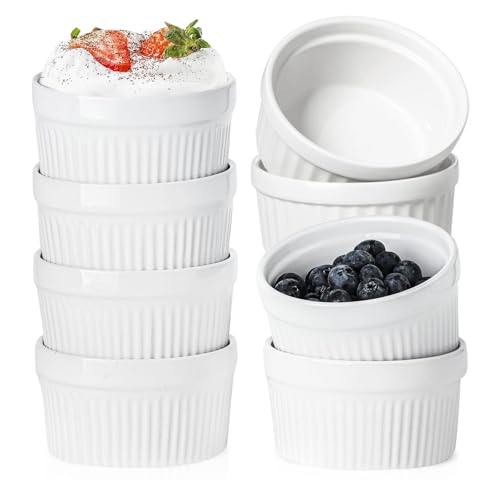 Juego de 8 cuencos de crema Brulee, aptos para horno, para ramekins de cerámica para ragout Fin Cuencos, deliciosos condimentos, magdalenas, Panna Cotta, 7,5 cm, 120 ml, color blanco