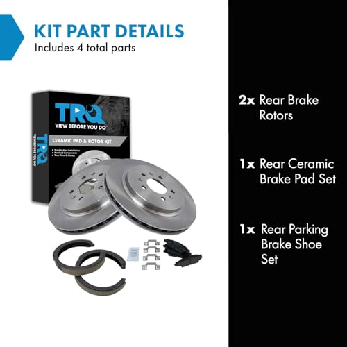 Image of TRQ Rear Brake Pad and Rotor Set Ceramic Rotors Parking Brake Shoes Code JE5 JL9 Compatible with 2005-2010 Cadillac STS
