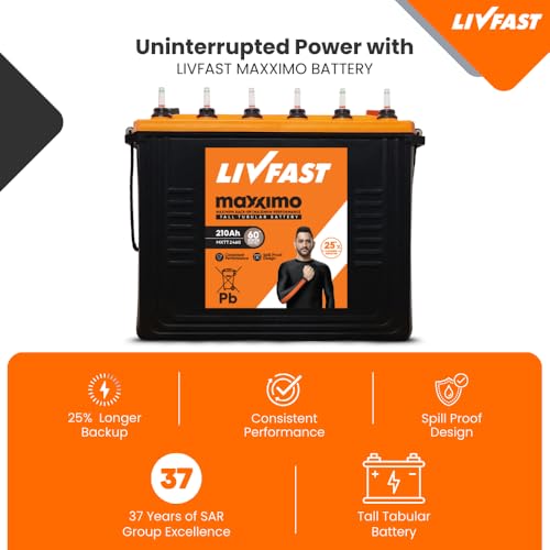 Image of Livfast Maxximo Tall Tubular High-Performance Battery MXTT 2460N | 210 Ah | 60 Months Warranty | High Capacity, Long Lasting Power Backup for Heavy Appliances