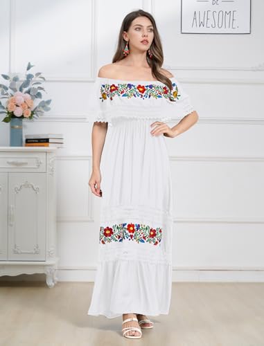 Image of ABEHIK Mexican Dress for Women Traditional Off Shoulder Embroidered Present Casual Lace Long Maxi Dress Cinco de Mayo Outfit