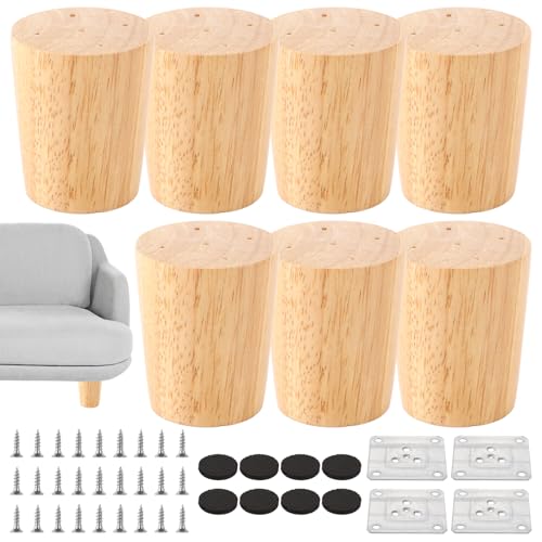 AKOLAFE Lo de 8 Pied Meuble Bois 6 cm Pied de Meuble Bois Rond Pieds de Meuble Pieds de Rechange de Rechange avec Plaques de Montage et Vis pour Canapé, Lit,...