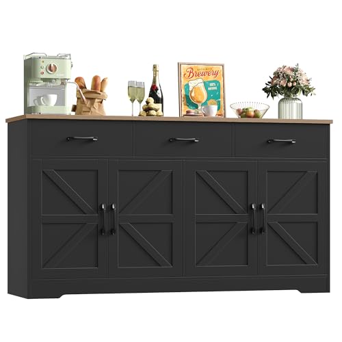 HOCSOK Aparador de cocina de 150 cm de ancho con encimera, aparador de cocina con 4 puertas y 3 cajones, armario buffet para salón, cocina, comedor, color negro