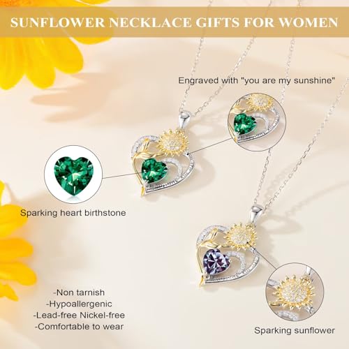 Iefil Sunflower Gifts for Women - Sunflower Necklace Heart Pendant Birthstone Necklace for Women Anniversary Birthday Gifts for Wife You Are My Sunshine 925 Sterling Silver Jewelry for Wife Mom4