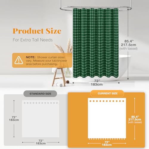 Image of BTTN Extra Long Shower Curtain - 72x84 Inch Long Boho Chic Tassel Linen Fabric Shower Curtain Set with Hook, Tall Modern Farmhouse Elegant Heavy Duty Cloth Shower Curtains for Bathroom - Emerald Green
