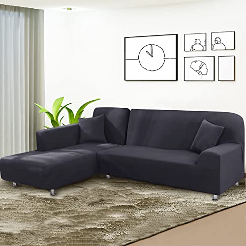 Bt.wa Couch Cover L Shape Sectional Sofa Cover 2-Piece Soft Stretch Reversible Sofa Slipcover 3 Seater + 3 Seater Furniture Protector Couch Slipcover With 2Pcs Pillowcases (Dark Grey) #TOP1