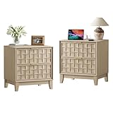 COLAMY Night Stand Set of 2, Nightstand with Charging Station, 2 Drawers Modern Bedside End Table, with Chessboard Relief and Wood Legs, for Bedroom, Dorm and Small Space - Oak