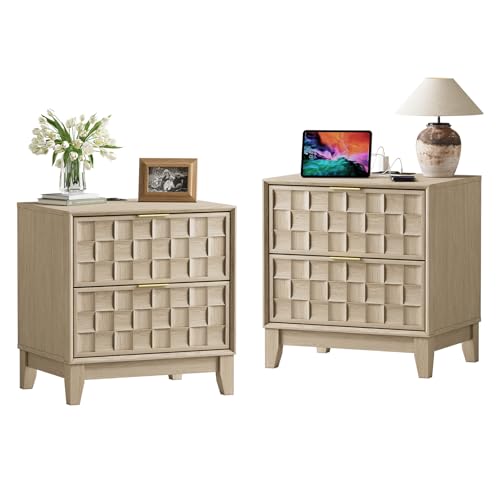 COLAMY Night Stand Set of 2, Nightstand with Charging Station, 2 Drawers Modern Bedside End Table, with Chessboard Relief and Wood Legs, for Bedroom, Dorm and Small Space - Oak