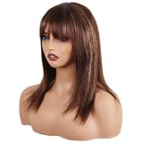 ManeMajesty Frauen Perücke Lang Mit Pony Und Ombre 46 cm 100 Prozent Echthaar Glatt Ohne Kleber Ohne Spitze Mechanisch Braun Gemischt Honigblond, Fs4/27