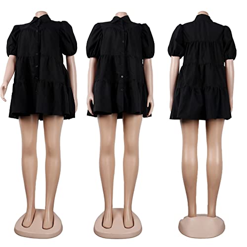 Image of WOKANSE Women's Cute Babydoll Dresses Casual Loose Puff Sleeves Ruffle Hem Button Down Pleated Shirt Dress