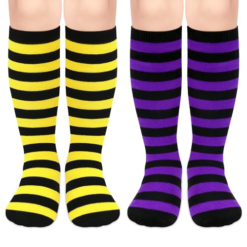Image of Sarfel Kids Soccer Socks Toddler Soccer Socks Girls Boys Soccer Socks Kids Tube Socks with Stripes Toddler Knee High Socks, 2 Pack Black /Yellow Stripe, Black /Purple Stripe, 3-6 Years