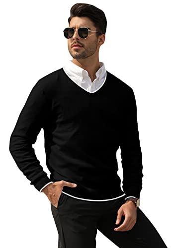 Feziakuk Strickpullover Herren V-Ausschnitt Pullover Herbst Winter Langarm Sweater Basic Winterpullover Warm Arbeitspullove Tops, Schwarz XL