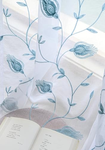 Image of Blue Sheer Curtains 84 Inches Long, Floral Embroidered Rod Pocket Sheer Drapes for Living room, Bedroom, 2 Panels, 52 inchx 84 inch, Semi Crinkle Voile Window Treatments for Yard, Patio, Villa, Parlor .