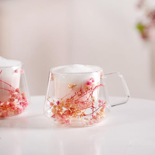 Image of Nestasia Double Wall Glass Mug with Dried Flowers Set of 2 (180ml Each) - Transparent Borosilicate Floral Glass Tea Cups | Lightweight & Durable Coffee Mugs - Perfect for Gifting (Pink)