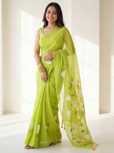 Image of AKHILAM Women's Cotton Saree with White Daisy Floral Prints Tassel Pallu Lightweight Summer Saree