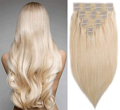 18 Inch Clip in Human Hair 130g Real Remy Hair Extensions Straight Human Hair 8 Pieces Full Head 20 Clips Doubles Weft for Women (613# Bleach Blonde)