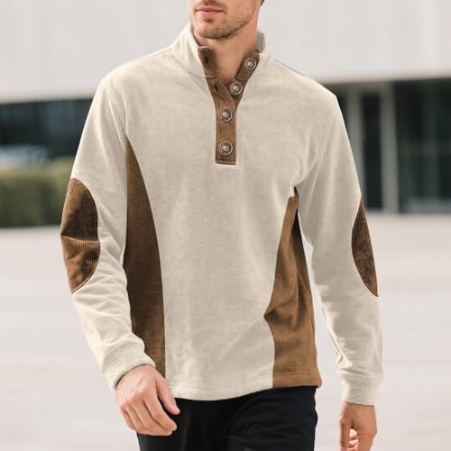 DEEX Men's Corduroy Sweatshirt Casual Long Sleeve Stand Collar Button Color Block Thermal Pullover Polo Sweatshirts for Men2