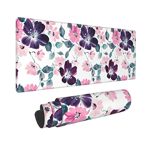 Image of XL Mouse Pad, Cute Flower Large Mouse Pad Gaming, Long Stitched Non-Slip Base Floral Computer Keyboard mat for Women and Girl School Office Decor, (Purple Pink Watercolor, 31.5 * 11.8 in)