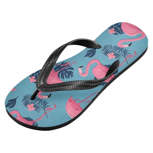 ALAZA Pink Flamingo Plam Leaf Flip Flops for Women Fashion Beach Slippers Comfort Mens Flip Flops Non-Slip Rubber Shower Slippers Sandal for Hotel Travel Sport,XS2