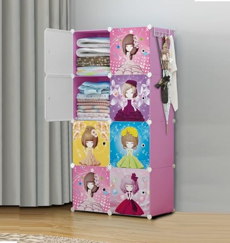 Image of KRISHYAM Portable Collapsible Plastic Wardrobe Closets 8 Storage Cube Closets with 1 Hanging Rod & 8 Doors,Multipurpose Kids Wardrobe for Baby Clothes /Book /Towels /Toy /Shoes (Barbie Print)