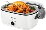 26 Quart Electric Roaster Oven with Visible & Self-Basting Lid, Large Turkey Roaster with Defrost Warm Function, Adjustable Temperature, Removable Pan Rack, Stainless Steel, White