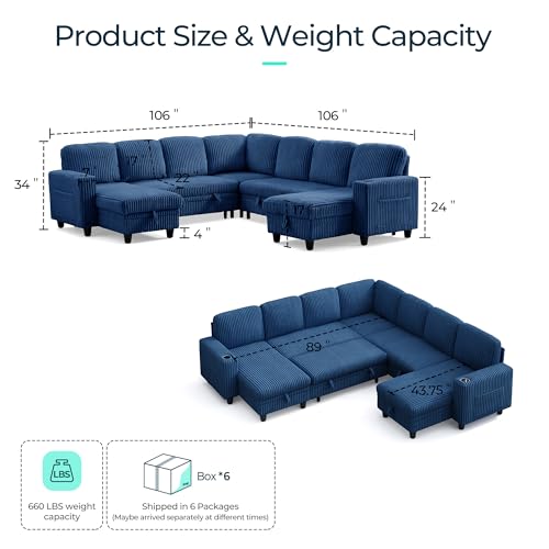 Image of LINSY HOME Sectional Sleeper Sofa with Pull Out Couch Bed - Convertible Plush Corduroy Cloud Couch with Storage Chaise & USB Charging, Comfy Modular Couches for Living Room, Blue