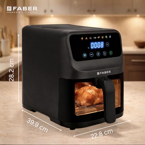 Image of Faber 6L 1500W Digital Air Fryer | Fry, Bake, Roast | 85% Less Oil, 200C Swirl Heating Technology |8-Preset Menu|View Window|Touch Control Interface| Auto Shut-Off |2 Yrs Comprehensive warranty|Black