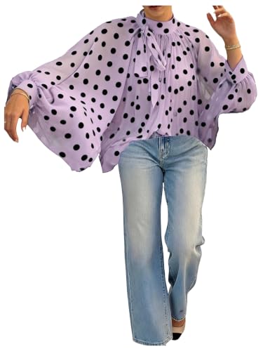 Floerns Women's Polka Dots Bishop Sleeve Shirts Tie Neck Mesh Blouse Tops