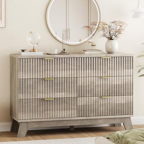 Image of Xixini Fluted Dresser for Bedroom with 6 Drawers, 48" Wide Modern Chest of Drawers with Metal Handle, Wooden Dresser TV Stand, Wood Closet Clothes Storage Organizer for Living Room, Hallway, Grey