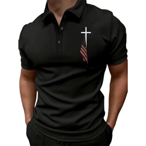 Generic American Flag Polo Shirt Men 4th of July Christian USA Flag American Cross Tee, Small
