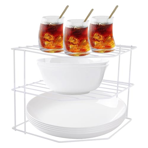 ASelected Corner Plate Rack, 3 Tier Plate Stacker for Cupboards, 23x23x20cm Metal Corner Plates Stand White Plates Racks for Cupboard, Kitchen