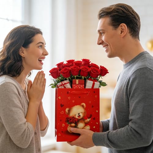 Valentines Day Red Paper Gift Bag, Special Love Gift Bag with Adorable Teddy Bear, Heart Gifts Bags For Loved Ones, 25 x 21 x 10cm - Image 3