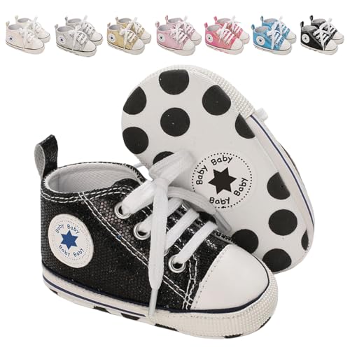Yibubu Baby Glitter Canvas Sneakers Fashion Shiny Lace-Up Infant Shoes for Girls Boys, Soft Sole Crib Shoes for First Walkers (0–18 Months) (645Black, Infant, 12 Months, Age, US Footwear Size System, Medium)