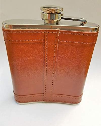 Stainless Steel Hip Flask with Union Jack Brown Leather Cover, British Collectable