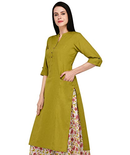 Image of Pistaa's Women's Cotton Relaxed Fit Straight Solid Kurta With Two Patch Pockets