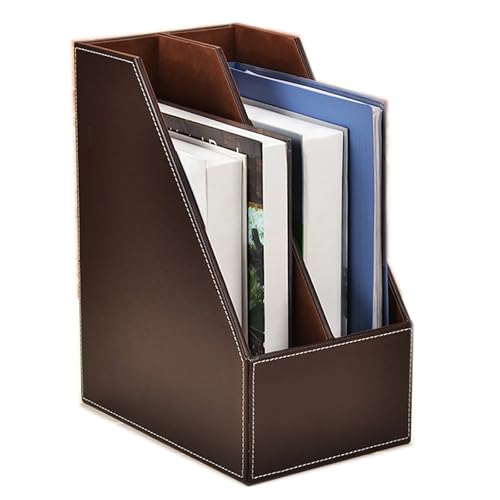 2 Tier Leather Magazine Holder - Vertical File Organizer with PU Leather Cover, Handmade Office Desk Organizer for A4/A3 Documents, Magazines, Books - Coffee (2 Slot)