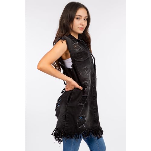 Songling Women's Distressed Ripped Sleeveless Mid Long Denim Jacket Jean Vest Cardigan Coats2
